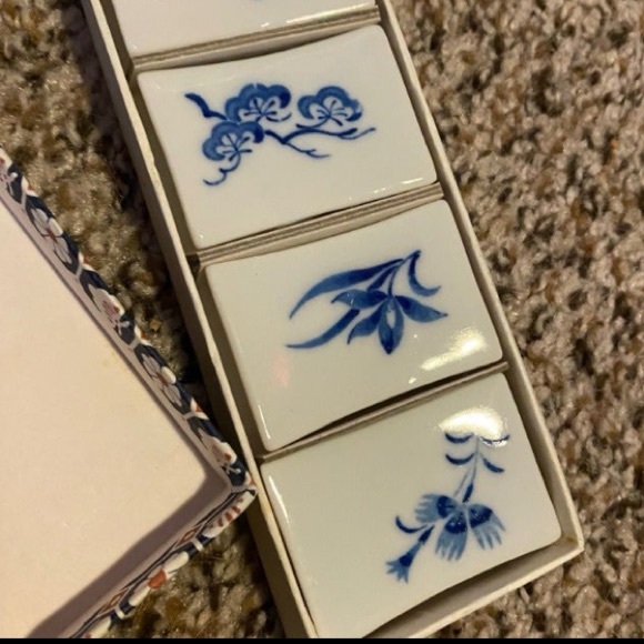 Vintage Chopstick Rests Six Pc Set Japan Hand-painted Porcelain Blue and Cream - Picture 3 of 4